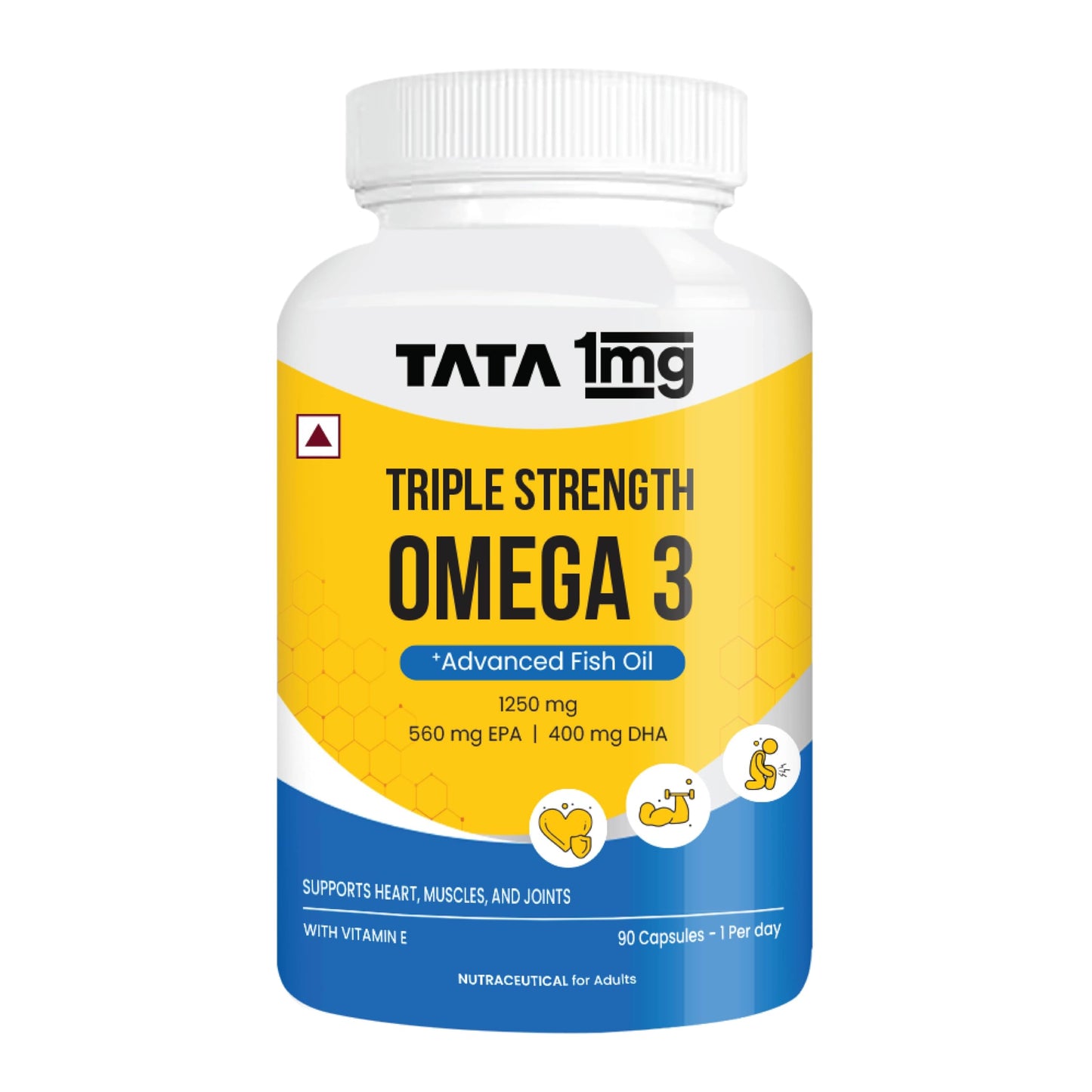 TATA 1mg Triple Strength Omega 3 Fish Oil Capsules 1250mg | 560mg EPA & 400mg DHA - High Strength Omega 3 | For muscle recovery, heart & joints | Pack of 90