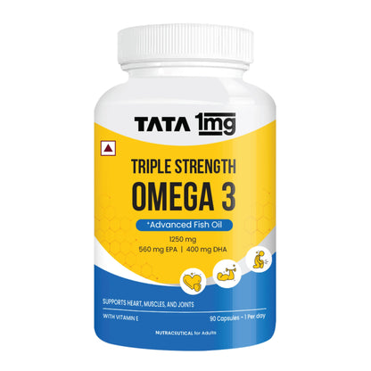 TATA 1mg Triple Strength Omega 3 Fish Oil Capsules 1250mg | 560mg EPA & 400mg DHA - High Strength Omega 3 | For muscle recovery, heart & joints | Pack of 90