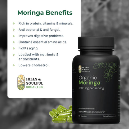 Hills and Soulful Organics Moringa Powder Capsules | Nutrient Rich Natural Green Antioxidant Superfood | Supports Energy, Skin Health, Gut Health - With Essential Vitamins & Amino Acids - 60 Capsules