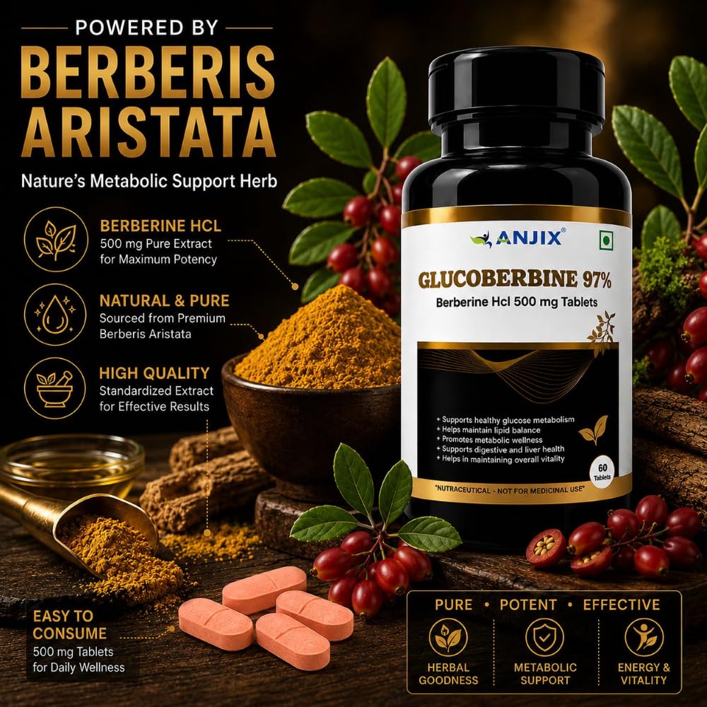 Anjix Berberine HCL 97 Percent Tablets | 500 mg Herbal Supplement for Metabolism Support Digestive Wellness | 60 Tablets Pack