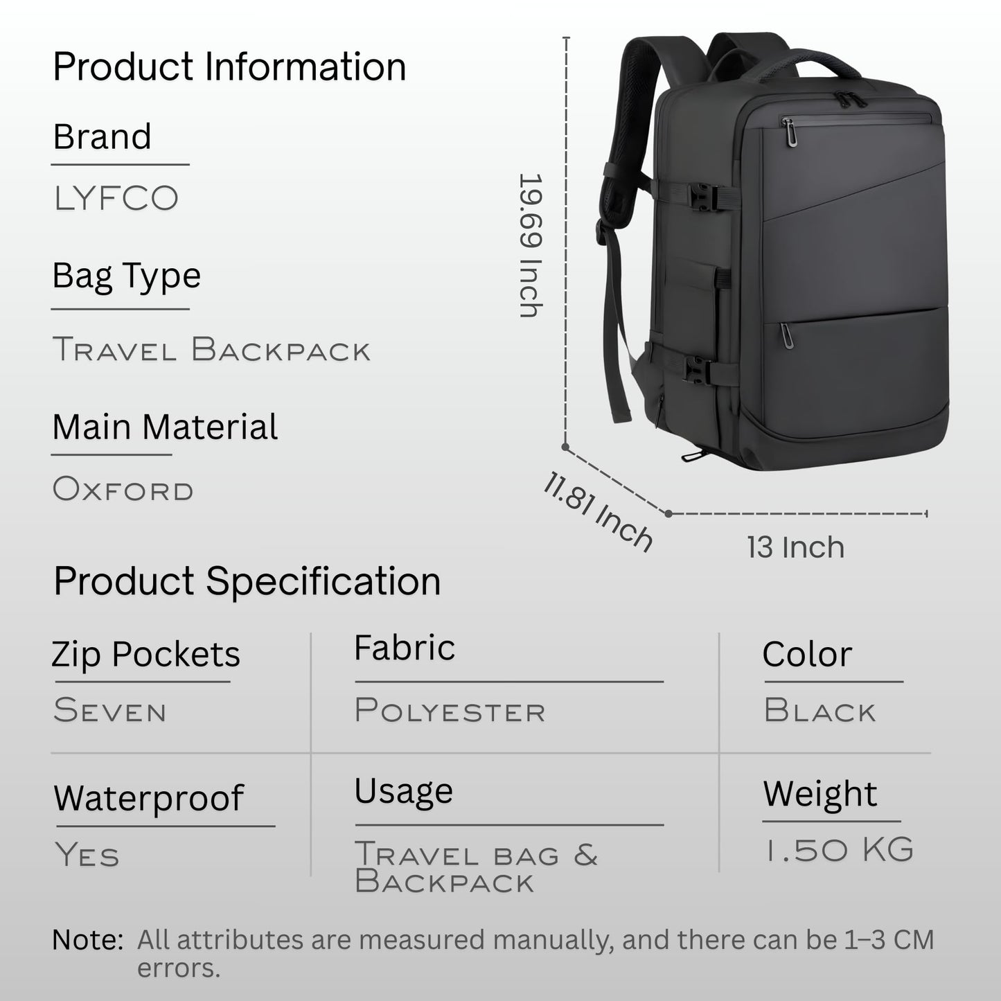 LYFCO Expandable Travel Backpack - Black | For Men & Women | Large Capacity Laptop Bag | Waterproof Oxford Fabric | Shoe Compartment, Wet-Dry Separation & USB Charging | Business & Travel Backpack