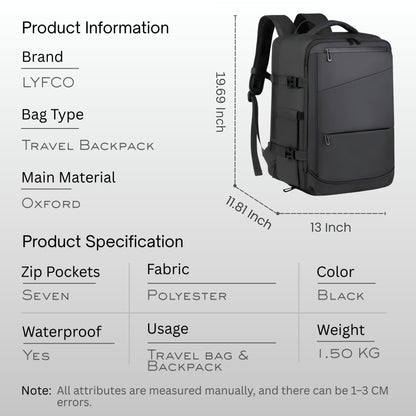 LYFCO Expandable Travel Backpack - Black | For Men & Women | Large Capacity Laptop Bag | Waterproof Oxford Fabric | Shoe Compartment, Wet-Dry Separation & USB Charging | Business & Travel Backpack