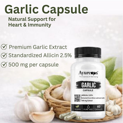 Ayurcaps Garlic 500mg 60 Veg Capsules | Odor Control Herbal Supplement | Supports Heart Health And Healthy Cholesterol Levels | Immune And Antioxidant Support | Vegan, Gluten-free (Pack of 1)