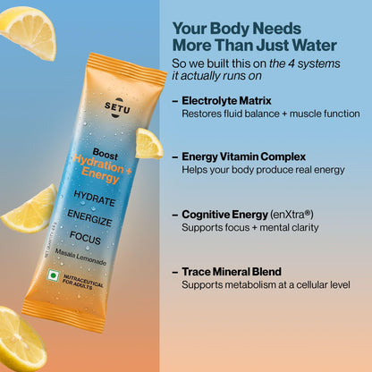 Setu Boost Hydration + Energy Electrolyte Powder Sachets with No Caffeine | Enriched with enXtra® | Masala Lemonade Flavor | Pack of 4 | 60 Sachets