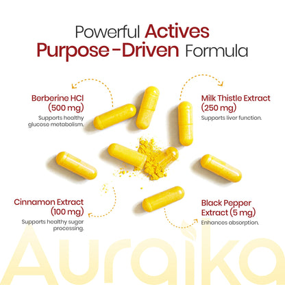 Auraika Berberine HCl 500mg Capsules | Berberine Supplement with Milk Thistle, Cinnamon & Black Pepper Extract | Supports Healthy Blood Sugar Levels, Liver Function & Weight Management | 60 Vegan Capsules