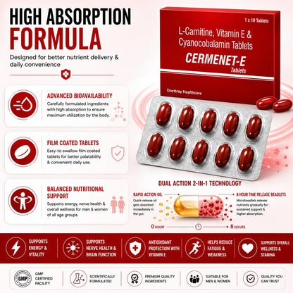 Docttray Healthcare Cermenet-E Tablets with L-Carnitine, Vitamin E & Methylcobalamin, 10 Tablets