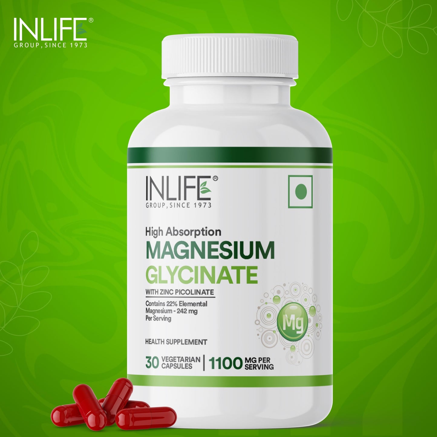 INLIFE Magnesium Glycinate Supplement 1100mg (Elemental Magnesium 242mg) with Zinc 10mg (as Zinc Picolinate) Per Serving, Relaxation & Healthy Muscle Function - 30 Capsules (Pack of 1, 30, count)