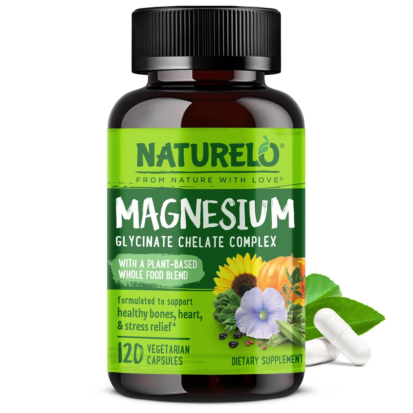 Naturelo Magnesium Glycinate Supplement 200 mg 120 Vegetarian Capsules