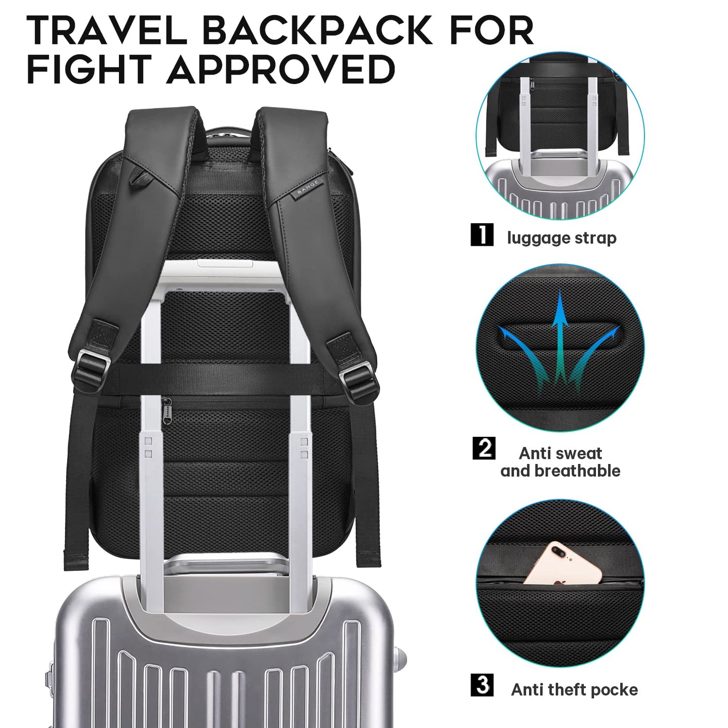 BANGE Business Laptop Smart backpack Can Hold 15.6 Inch Laptop Commute Backpack Carry on bag for men and women, Black, Large, Laptop Backpack