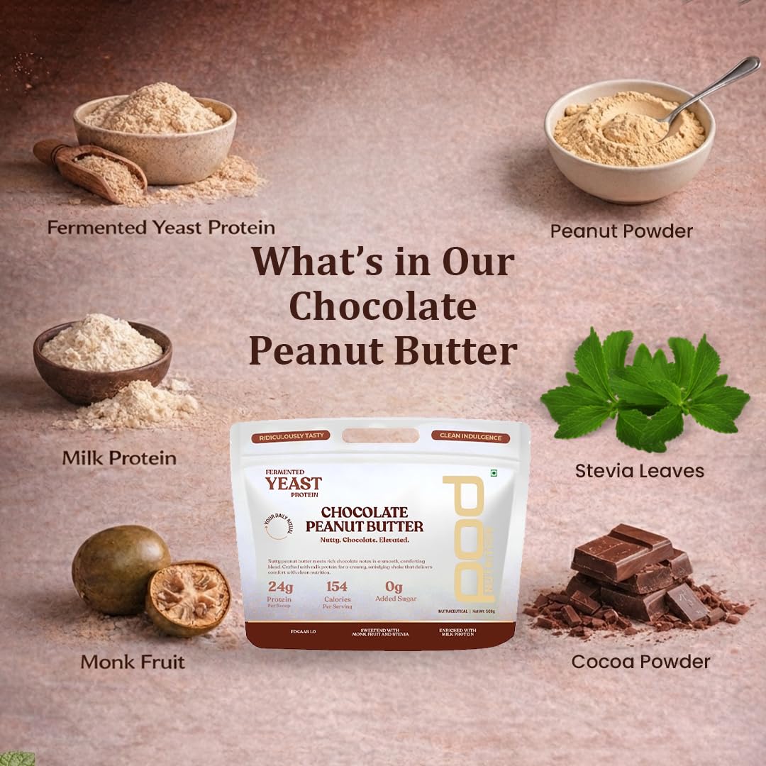 POD Nutrition Fermented Yeast Protein Blend | Chocolate Peanut Butter Flavor | 24g Protein, 0g Added Sugar, Gut-Friendly | Sweetened with Stevia & Monk Fruit | No Bloating, High Absorption | 500g
