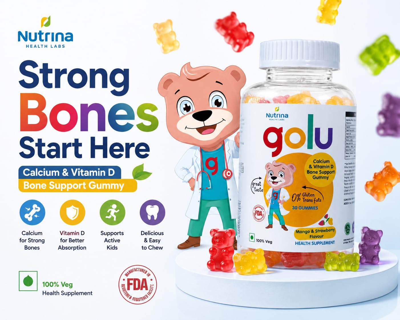 Nutrina Health Labs Golu Vegetarian Calcium+Vitamin D Gummy for Kids (5-13 years) for Strong Bones Teeth and Healthy Muscles, Nut free, Gelatin Free | 30 Gummies (1 Bottle of 30 Gummies)