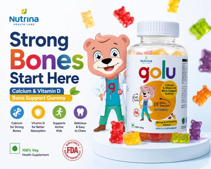 Nutrina Health Labs Golu Vegetarian Calcium+Vitamin D Gummy for Kids (5-13 years) for Strong Bones Teeth and Healthy Muscles, Nut free, Gelatin Free | 30 Gummies (1 Bottle of 30 Gummies)