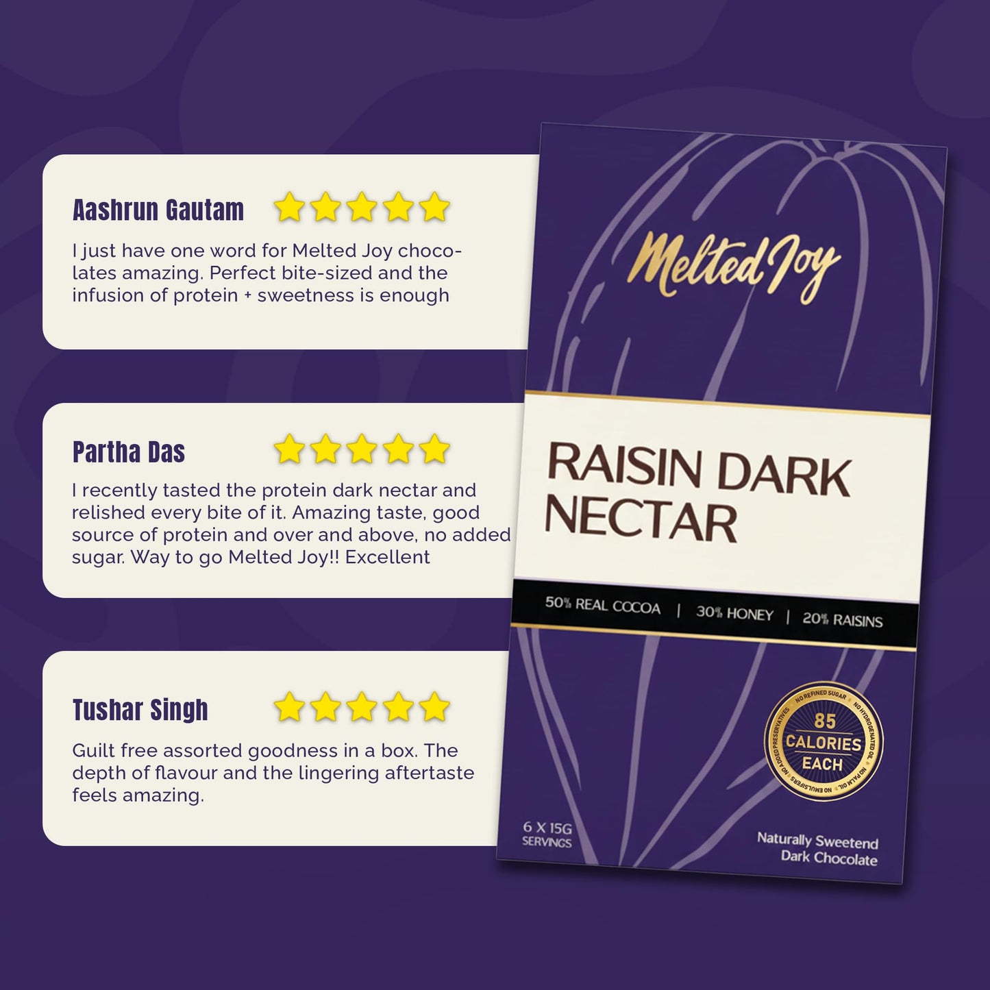 Melted Joy Raisin Dark Nectar | Honey-Sweetened Dark Chocolate with Juicy Raisins | No Refined Sugar, No Additives, No Preservatives, No Hydrogenated Oil, No Palm Oil | Portion-Controlled 13g Bites | Diabetic-Friendly, No Sugar Spikes | Lab-Tested for Hea