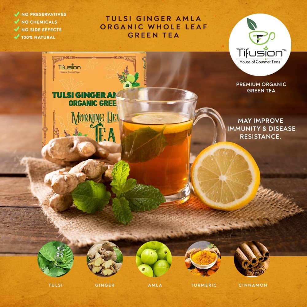 Tifusion Tulsi Ginger Amla Organic Green Tea For Cough Cold Sore Throat Digestion Darjeeling Herbal Organic Whole Leaf Chai Immunity Booster Tea (20 Tea Bag, 20 Serving Cups)