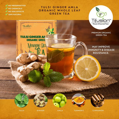 Tifusion Tulsi Ginger Amla Organic Green Tea For Cough Cold Sore Throat Digestion Darjeeling Herbal Organic Whole Leaf Chai Immunity Booster Tea (20 Tea Bag, 20 Serving Cups)