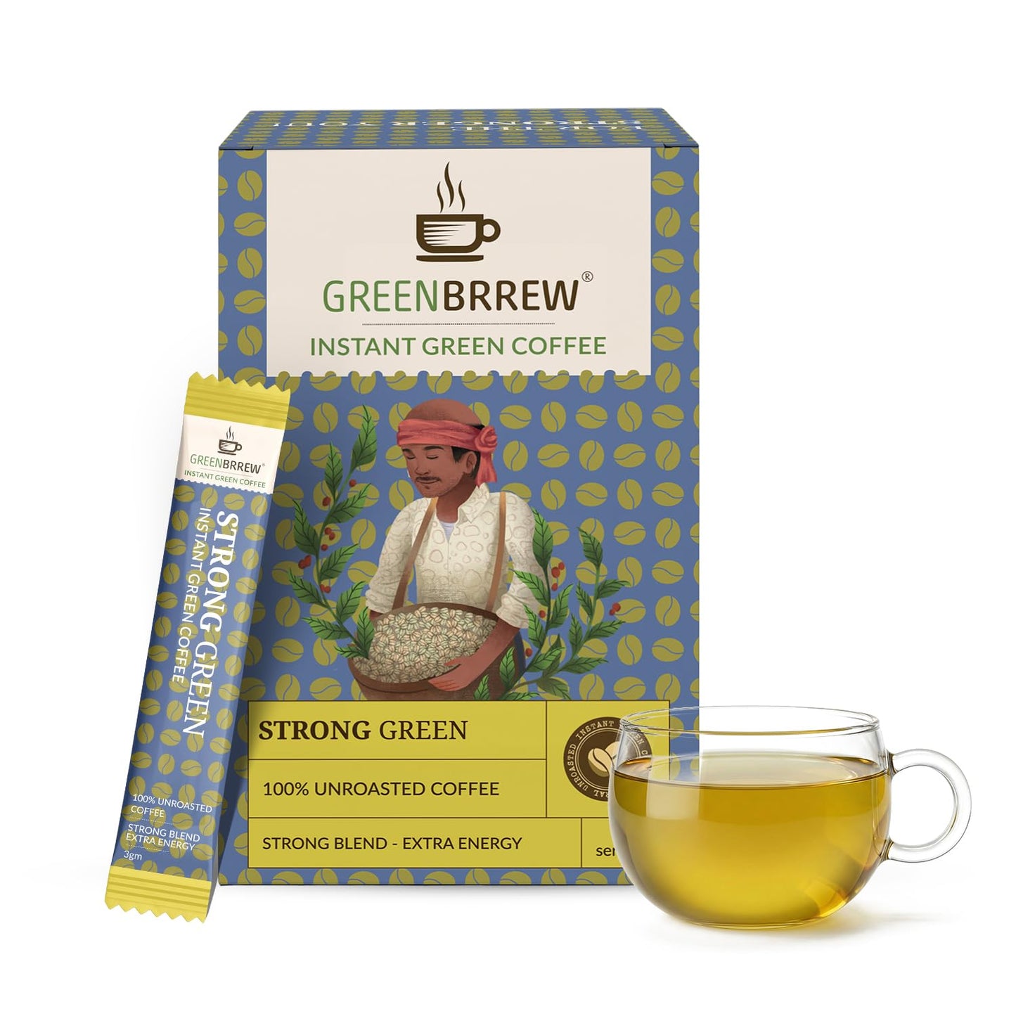 Greenbrrew Instant Strong Green Coffee Powder, 20 Sachets, 60g | Bold Roast Profile for Coffee Drinkers Switching from Roasted Coffee | Antioxidant Rich, Vegan, Probiotic