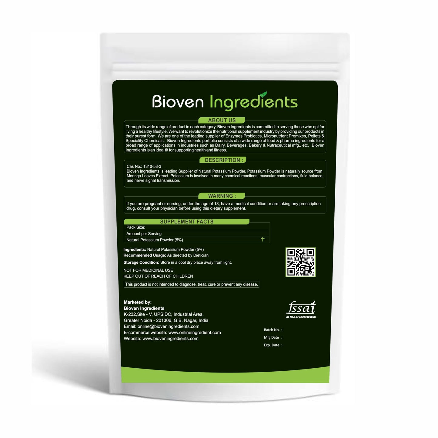 Natural Potassium Powder, Derived from 100% Natural & Organic Moringa Leaves Extract by Bioven Ingredients, Non-GMO Supplement, No Preservatives, Sugar, Gluten or Dairy Free Powder