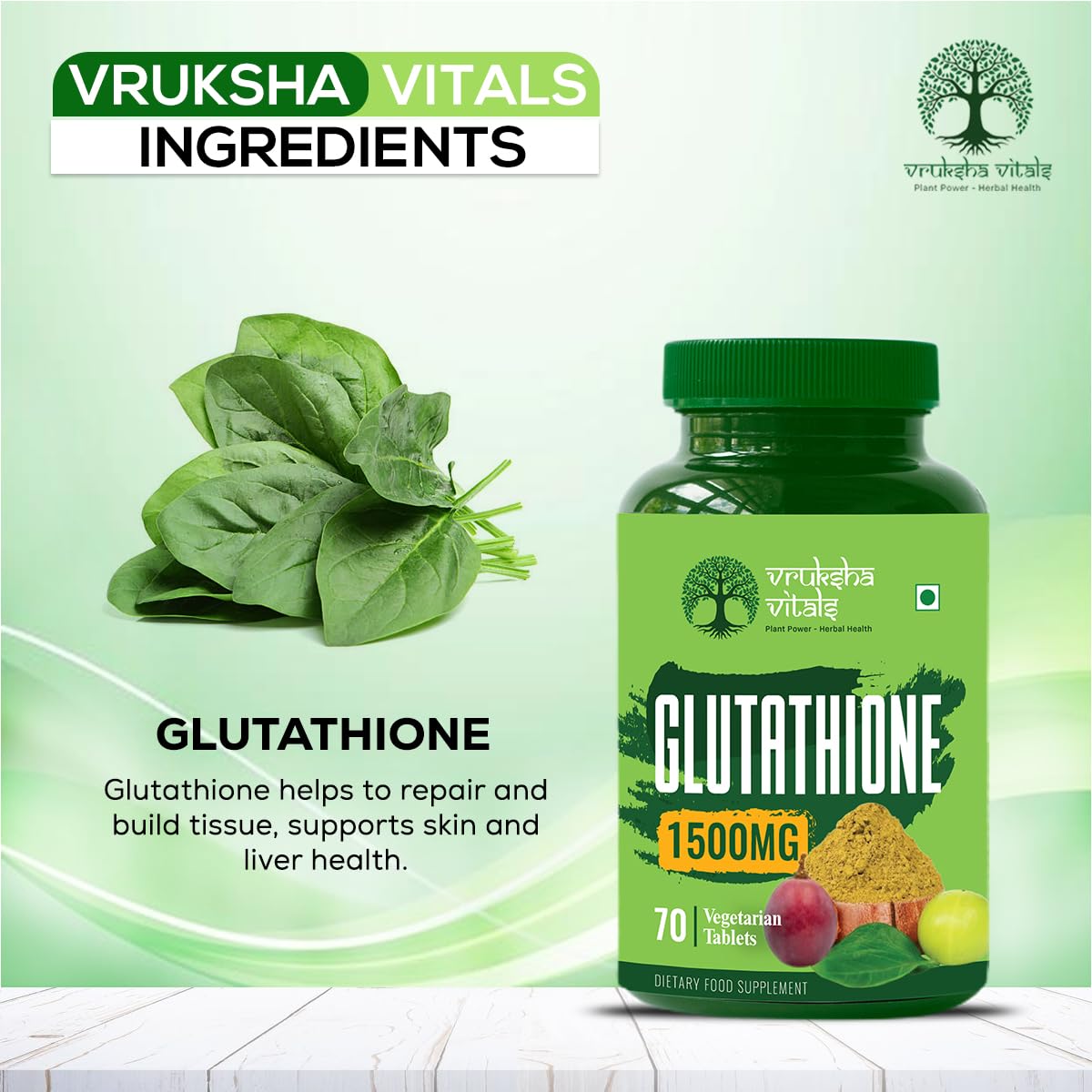 Vruksha Vitals Glutathione 1500 mg - 70 Tablets with Vitamin C and Milk Thistle, Amla & Grapeseed Extracts (Plant based Capsules Supplement)