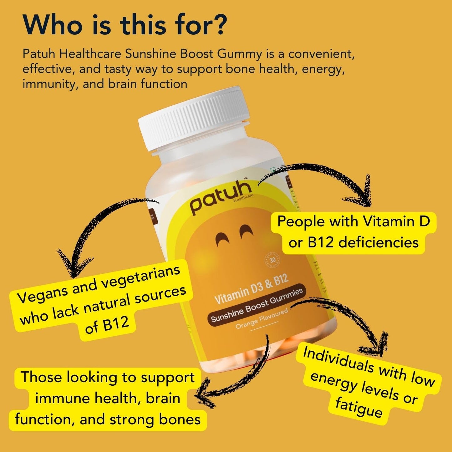 Patuh Healthcare Vitamin D3 & B12 Gummies for Men & Women, Immunity & Bone Health, Reduces Fatigue, Vitamin B12 Supplements, 100% Veg, Sugar Free (Orange Flavour, 30 Gummies)