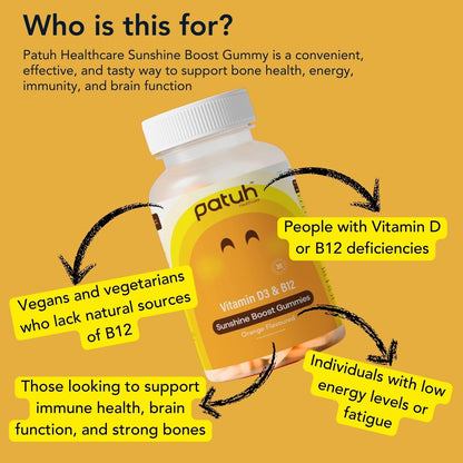 Patuh Healthcare Vitamin D3 & B12 Gummies for Men & Women, Immunity & Bone Health, Reduces Fatigue, Vitamin B12 Supplements, 100% Veg, Sugar Free (Orange Flavour, 30 Gummies)