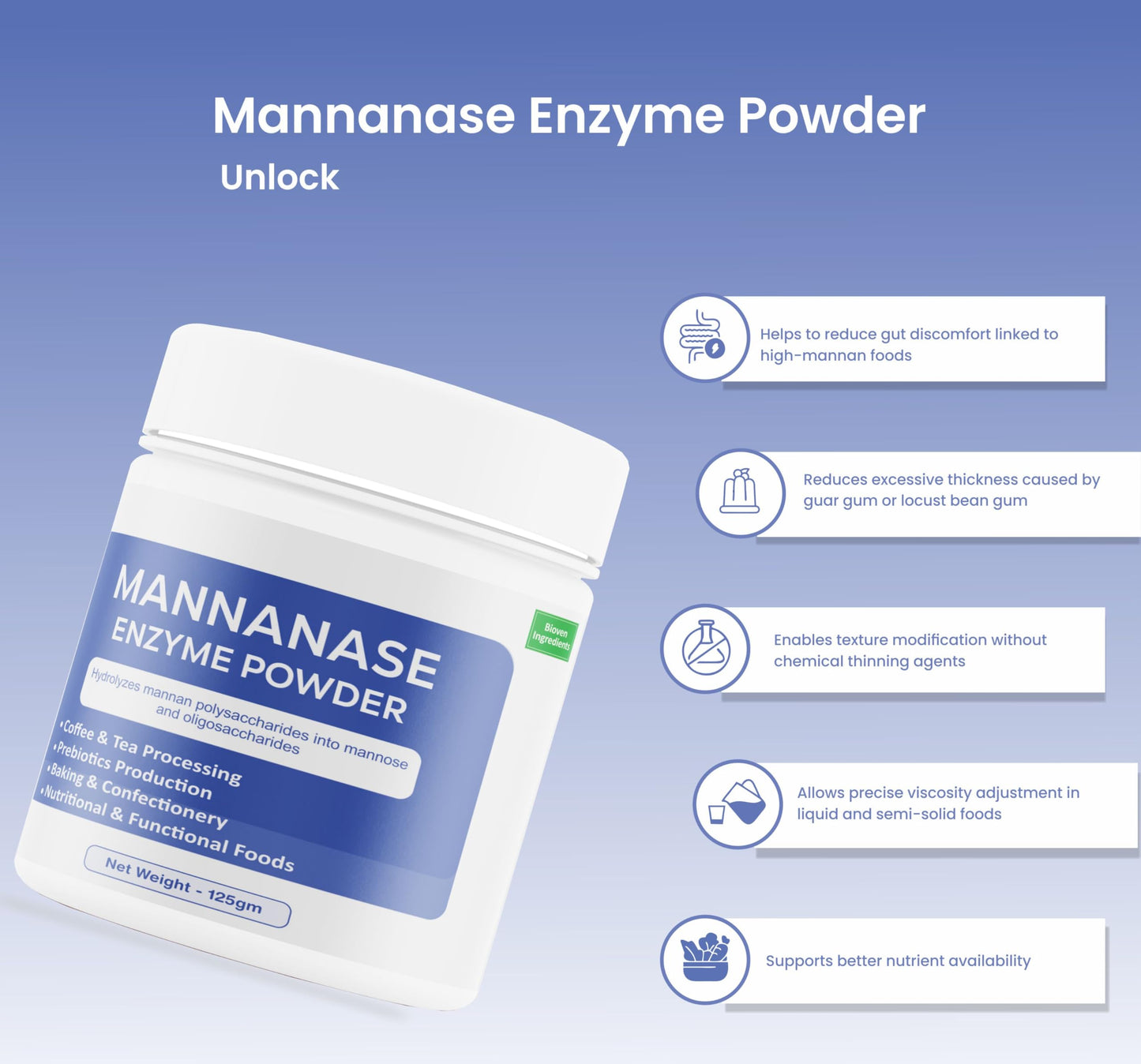 Bioven Ingredients Mannanase Enzyme, Non-GMO, Dietary Supplements/Food and Beverages, Broad pH Range of Activity, Excellent Thermostability, Hydrolyse Mannan, No Filters/Binder