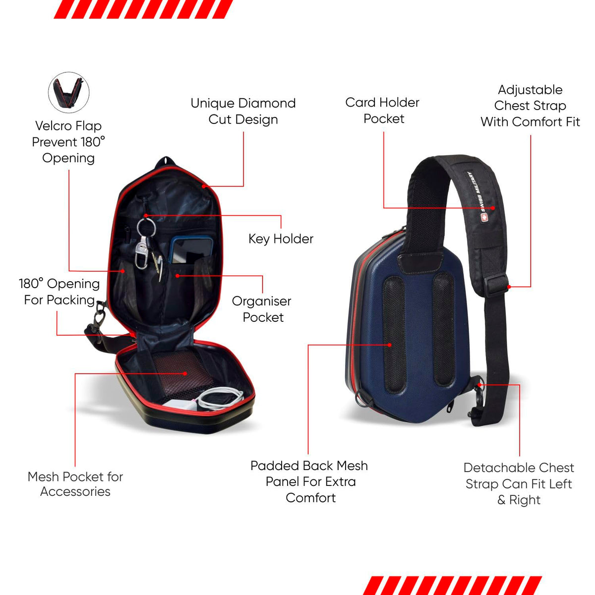 SWISS MILITARY UFO Sling Bag 7L | Diamond Design Cross Body Side Bag | Card Holder Pocket | Anti Theft Chest Bag | Easy to Carry Bag for Men & Women | Mini Travel Bag for Phone Passport Wallet Navy