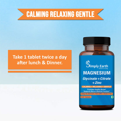 Simply Earth Magnesium Complex supplements - 120 Veg Tablets with Magnesium Glycinate; Citrate; Oxide & added Zinc - Promotes Healthy Bones; Supports Nerve & Muscle Function