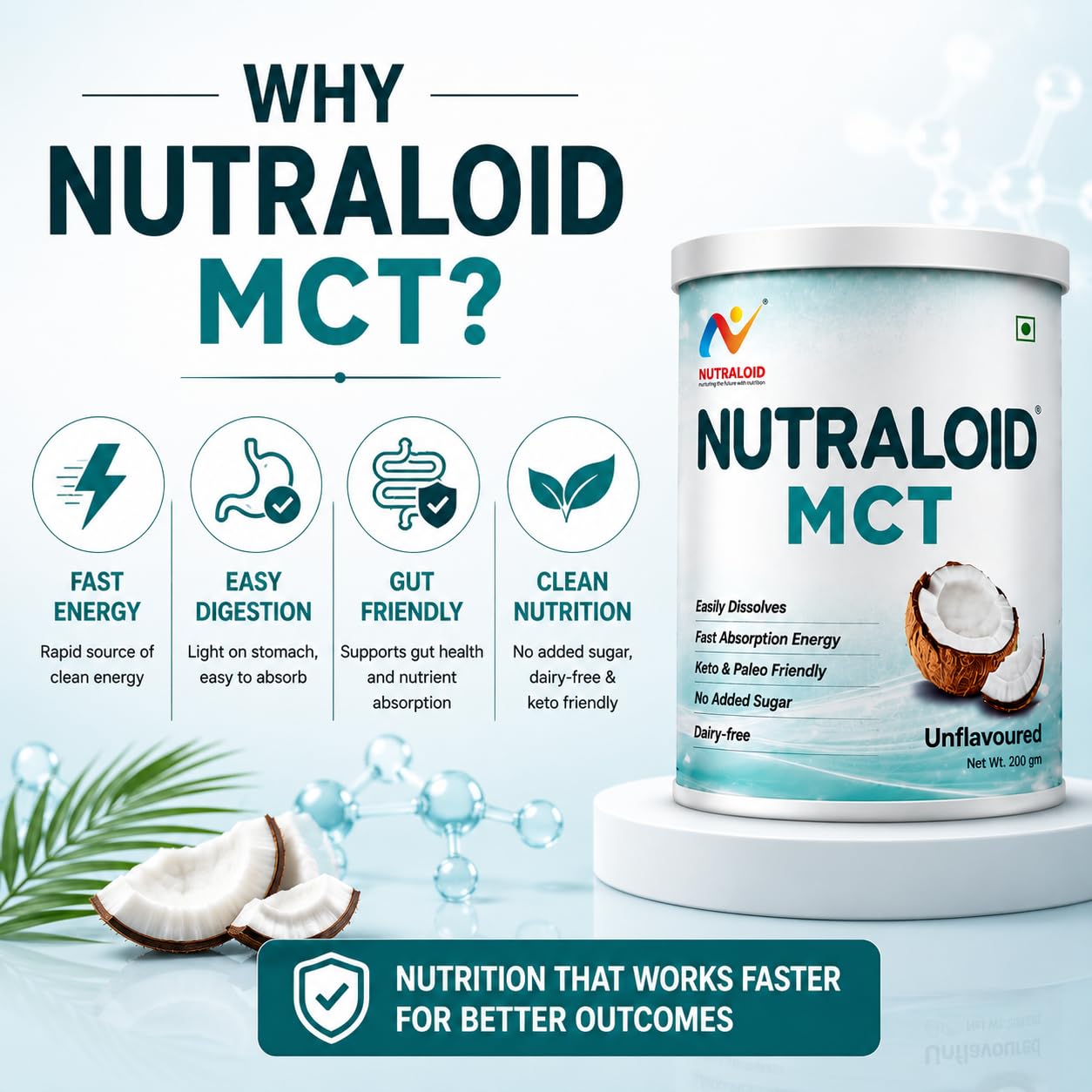 NUTRALOID MCT Powder 200g | Medium Chain Triglycerides Supplement for Instant Energy | Keto & Paleo Friendly | No Added Sugar | Dairy Free | Unflavoured Coconut MCT Powder