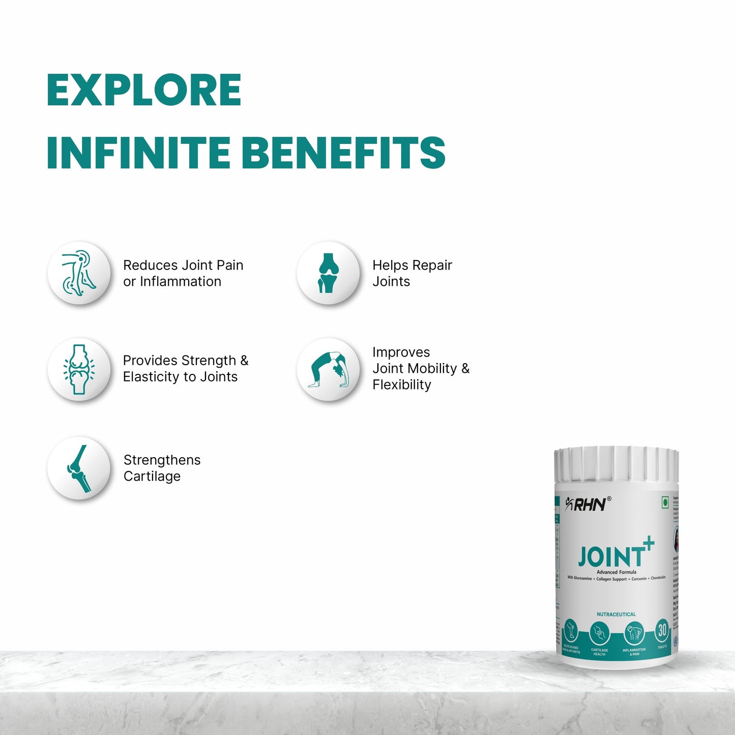 RHN Joint Plus | Glucosamine, Collagen Support, Curcumin & Chondroitin | Bone & Joint Health Supplement | 30 Tablets