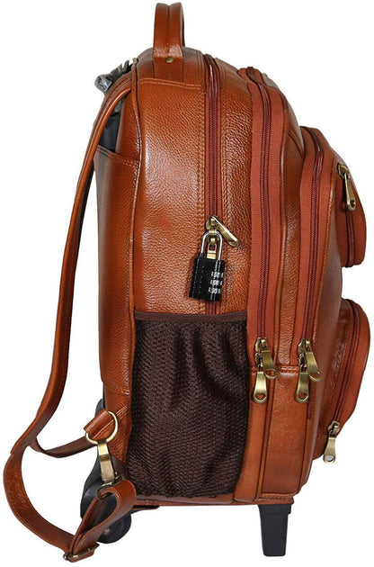 Da leather villa Leather Backpack For men office use (H 17x L 12x W 6) Inches with 16 inches laptop compartment (Tan Trolley)