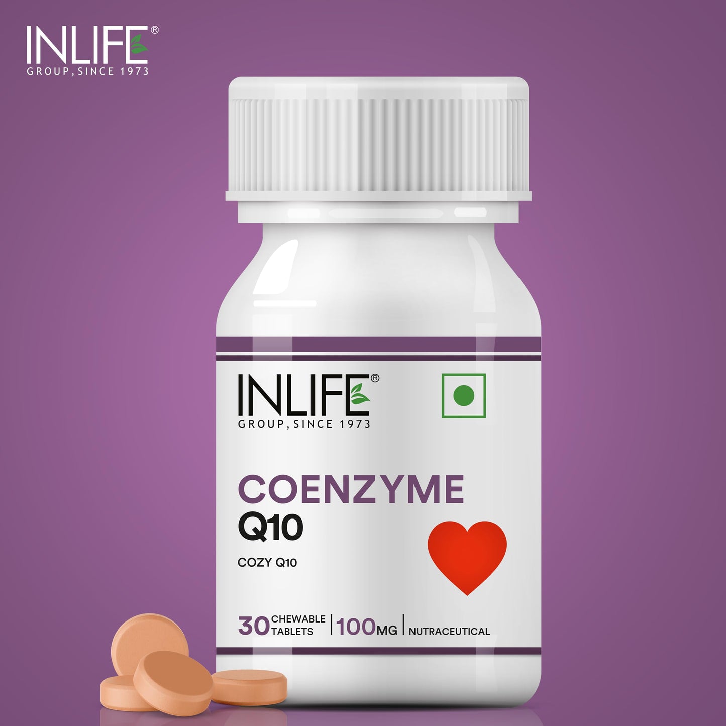 INLIFE Coenzyme Q10 100mg | CoQ10 Ubiquinone Supplement for Energy Management | Antioxidant for Men and Women - 30 Chewable Tablets (Pack of 1)