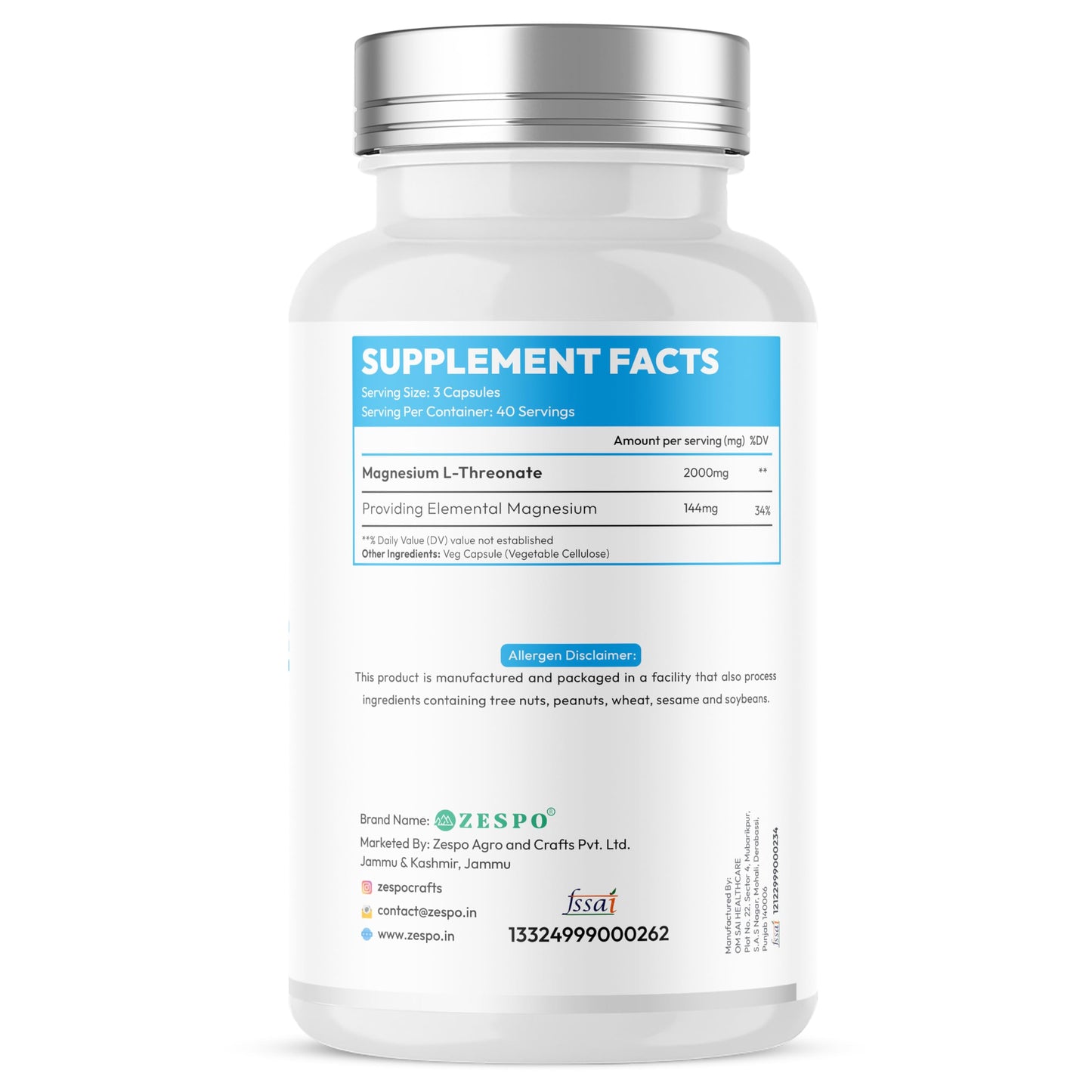ZESPO Magnesium L-Threonate 2000mg Per Serving (144mg Elemental Magnesium) | 120 Vegetarian Capsules | Magnesium Supplement for Nerve & Muscle Function | 40 Servings