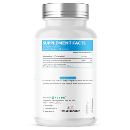 ZESPO Magnesium L-Threonate 2000mg Per Serving (144mg Elemental Magnesium) | 120 Vegetarian Capsules | Magnesium Supplement for Nerve & Muscle Function | 40 Servings