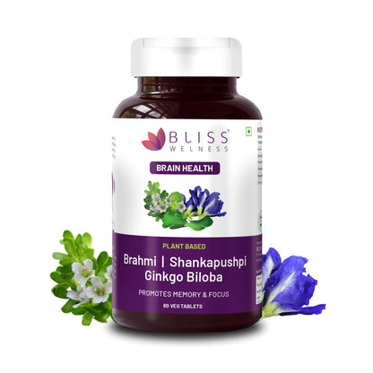 Bliss Welness Brain Booster,Brahmi Shankpushpi Ginkgo Biloba & Piperine -60 Vege