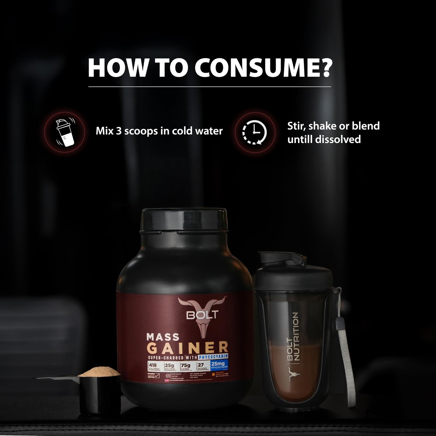 Bolt Mass Gainer Powder | Weight Gainer | Supercharge With Phycocyanin | 25G Protein, 75G Carbs & 412 Calories Per Servings | For Muscle & Weight Gain Objectives | 2Lb/907G | Madagascar Vanilla