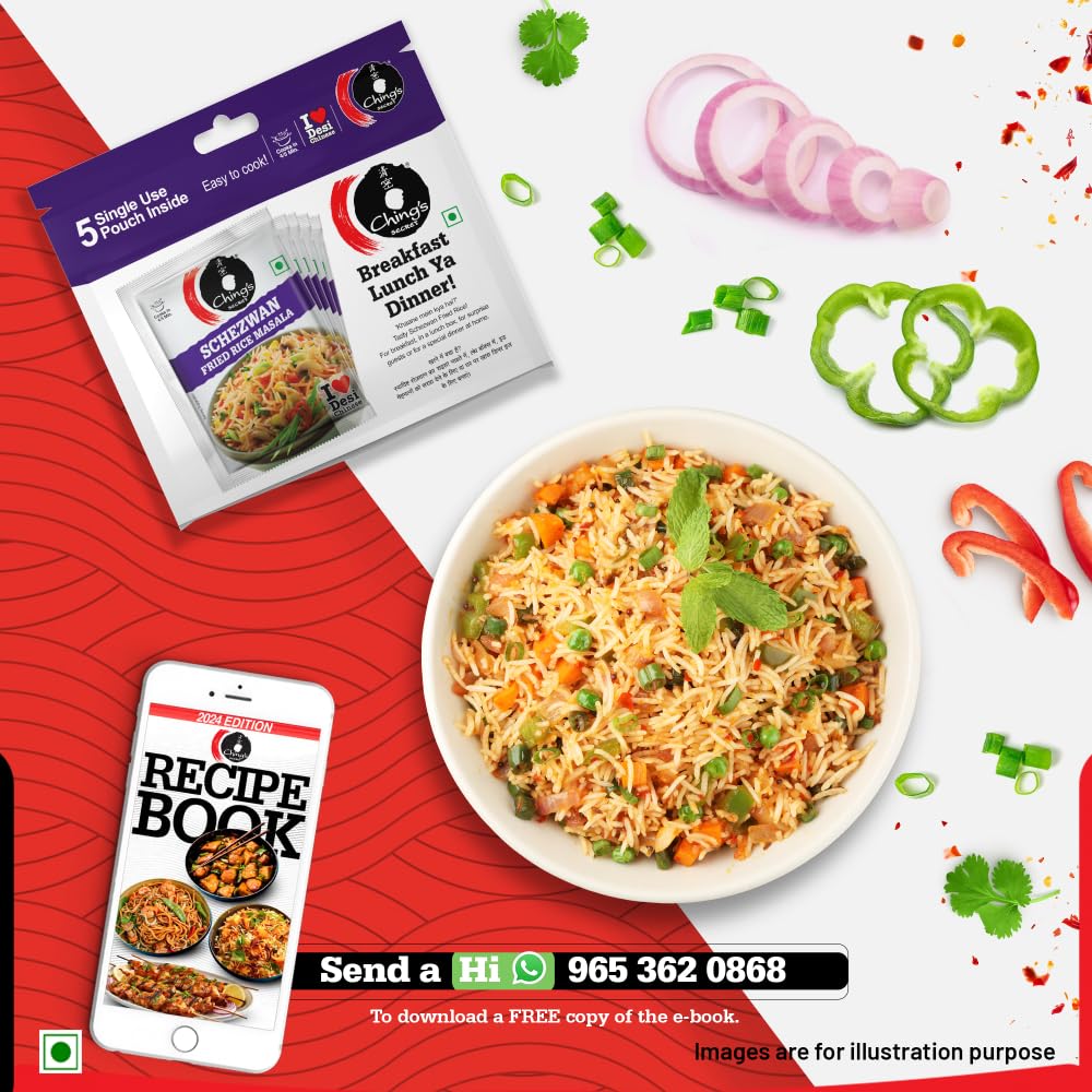 Ching’s Secret Desi Chinese Schezwan Fried Rice Masala, 100g, Authentic Schezwan Flavour, Easy To Cook, Meal Kit, Cooks in 4/5Mins, 1 Pouch Serves 4, Pack of 5 Single Use Pouches