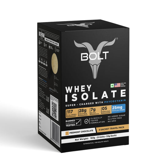 Bolt 100% Whey Protein Isolate Powder | 5 Sachet Travel Pack (5×33g) | Piedmont Chocolate | 28g Protein per Serving | 7g BCAA | Muscle Support & Recovery | No Added Sugar | Gluten-Free | Easy to digest