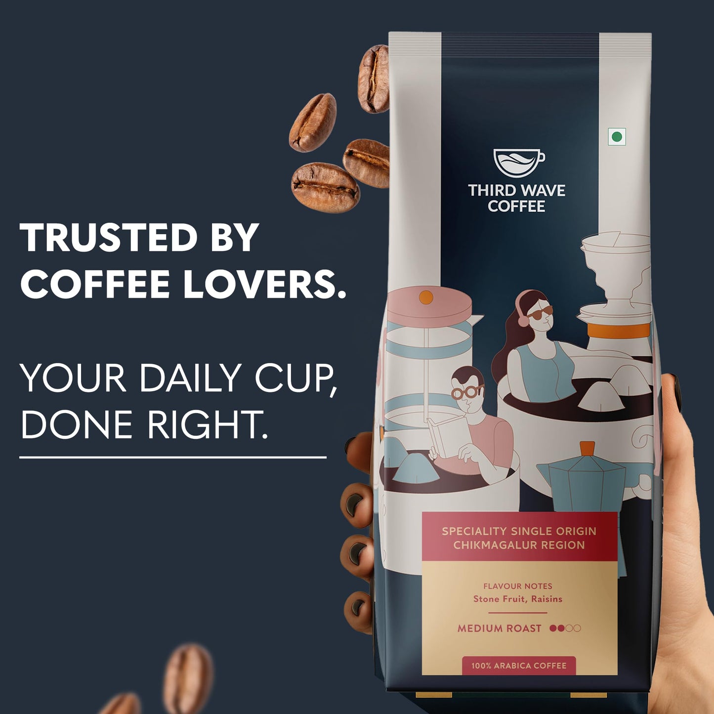 THIRD WAVE COFFEE | Speciality Single Origin Chikmagalur Region | 100% Arabica | Medium Roast | Channi | Coarse Grind | 250 grams | Pouch