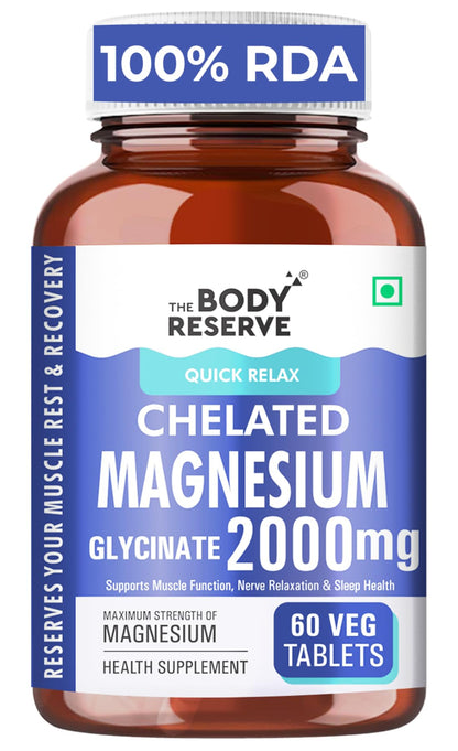 The Body Reserve Magnesium Glycinate Supplement 60 Veg Tablets, 2000mg Per Serving, High Absorption Chelated Form, helpful in Muscle & Nerve Relaxation, Better Sleep Quality for Men & Women
