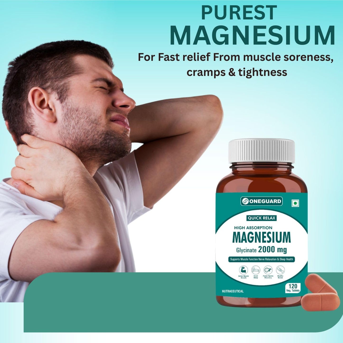 ONEGUARD Magnesium Glycinate Supplement 120 Veg Tablets, 2000mg Per Serving, High Absorption Chelated Form, helpful in Muscle & Nerve Relaxation, Better Sleep Quality for Men & Women
