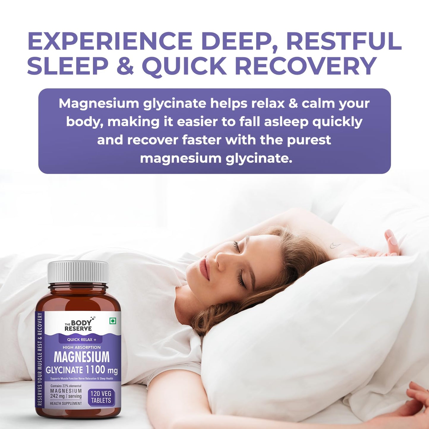 The Body Reserve Magnesium Glycinate Supplement - 120 Veg Tablets, 1100mg Per Serving, High Absorption Chelated Form - Muscle & Nerve Health, Relaxation for Men & Women
