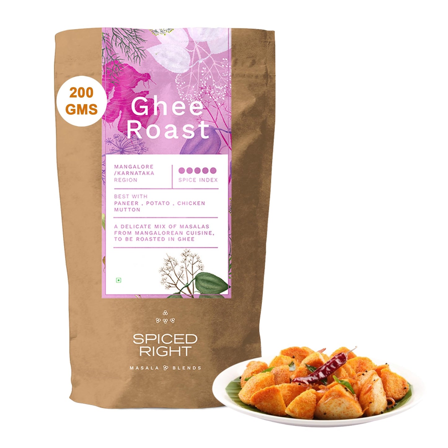 Spiced Right Mangalore Ghee Roast Masala 200gm - Authentic Mangalorean Curry Spice Masala Blend with Garlic for Chicken, Prawn, Mutton, and Veg Dishes - No Artificial Colouring or Flavouring.
