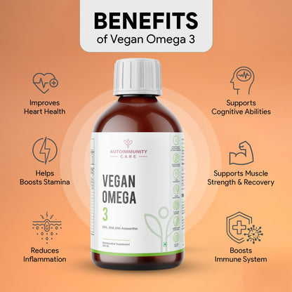 Autoimmunity care Vegan Omega 3 Oil | EPA, DHA With Astaxanthin | Health Supplement For Heart, Brain, Eye, Skin, Muscles, Bone & Joint Support | Better than Fish Oil | 100% Vegetarian | 250 ML Oil