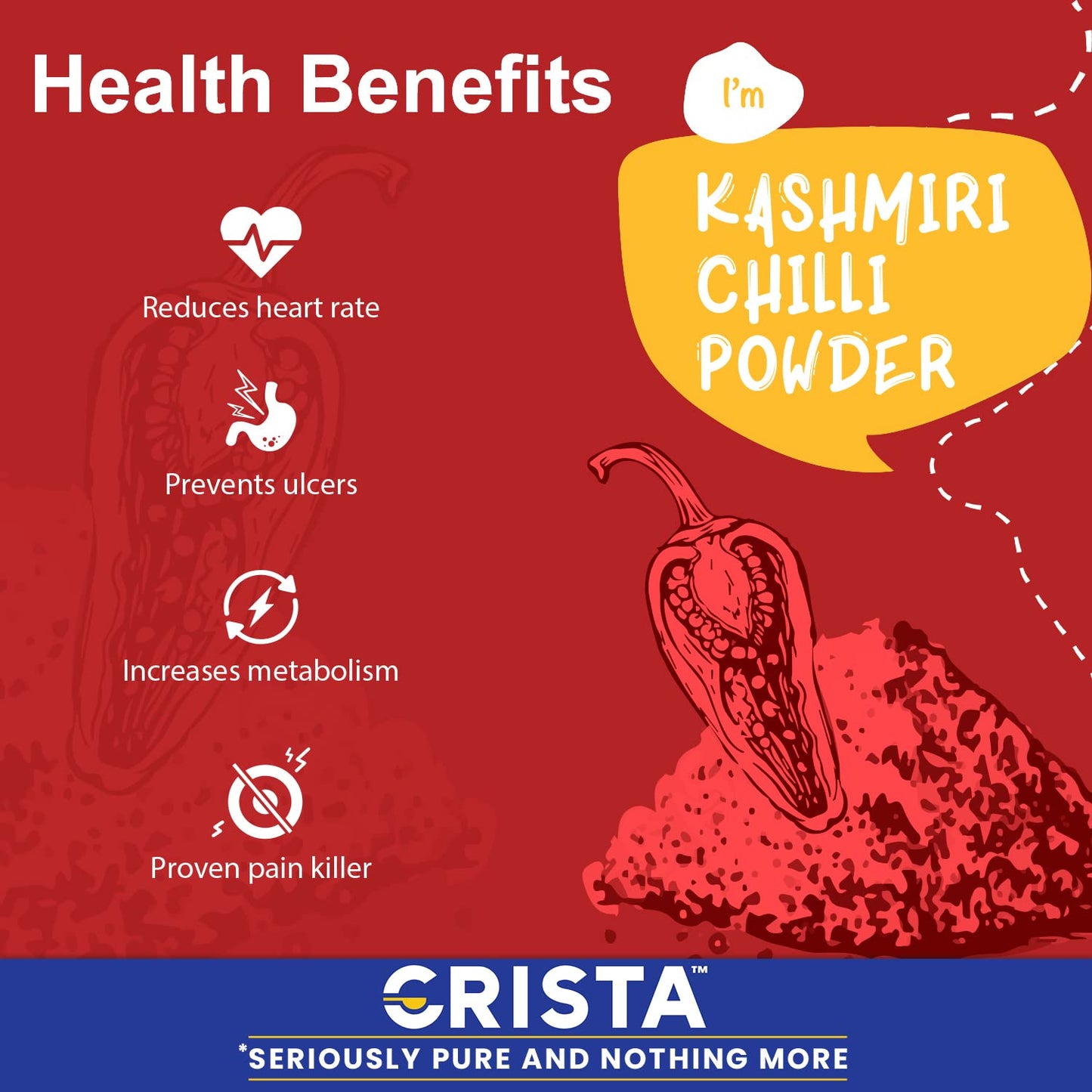 CRISTA Kashmiri Chilli Powder | Laal Mirch Powder with Natural Oils | Zero added Colours, Fillers, Additives & Preservatives | Mild Spicy Grade | Vibrant Red Colour | 100 gms