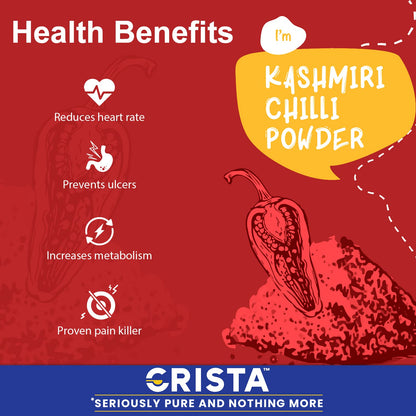 CRISTA Kashmiri Chilli Powder | Laal Mirch Powder with Natural Oils | Zero added Colours, Fillers, Additives & Preservatives | Mild Spicy Grade | Vibrant Red Colour | 100 gms