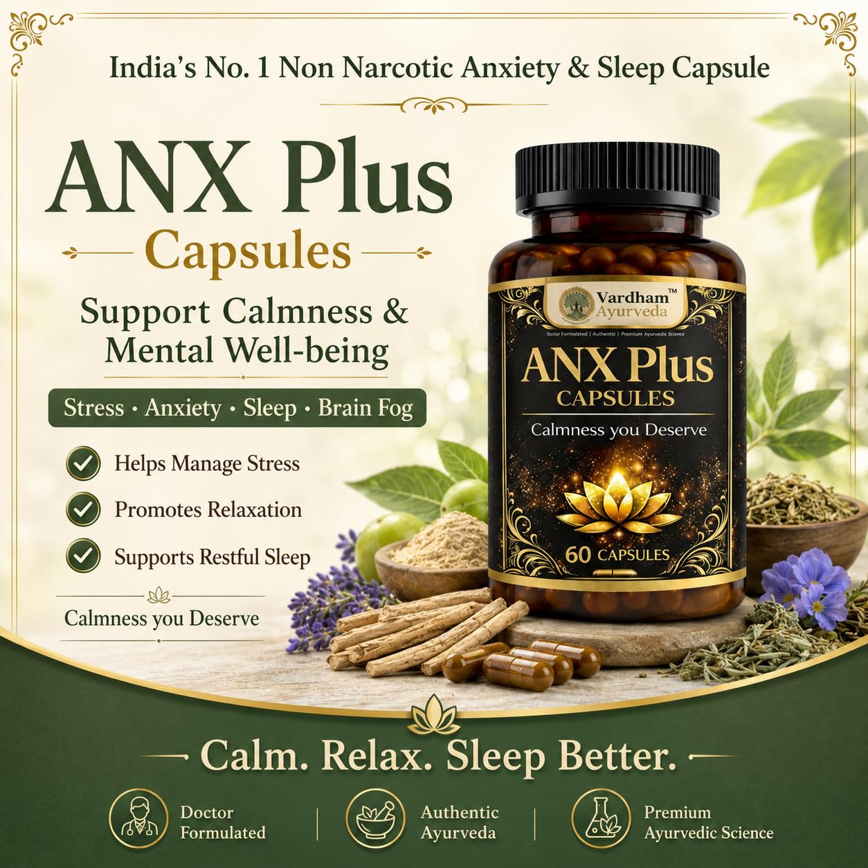 Vardham Ayurveda ANX Plus for Stress Relief & Mental Wellness | Anxiety Support with Ashwagandha, Shankhpushpi & Brahmi (Swarn Yukt) | Herbal Calm Mind & Sleep Support Supplement | 100% Ayurvedic Formula | 60 Capsules