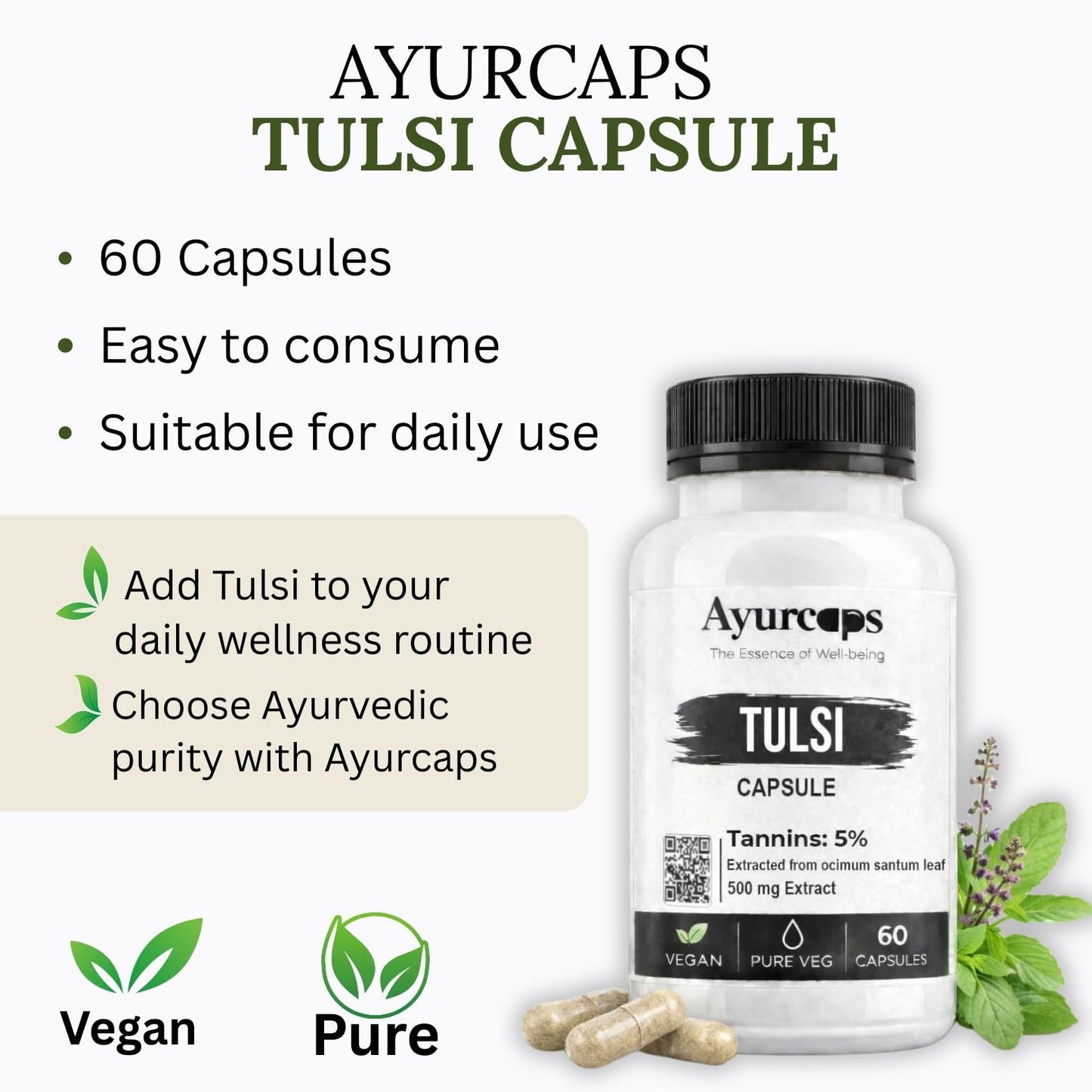 Ayurcaps Tulsi 500mg 60 Veg Capsules Holy Basil Ayurvedic Herbal Supplement Supports Immunity, Throat And Respiratory, Stress Wellness Natural Antioxidant And Daily Care