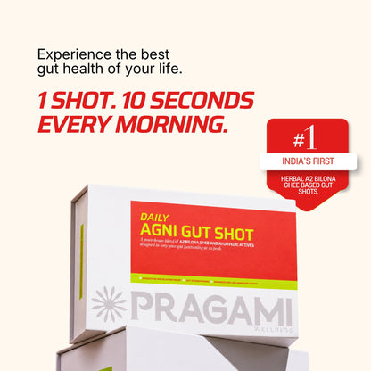 PRAGAMI Gut Cleanse & Daily Detox Combo | 5-Day Gut Reset Kit (55-75 Kg) + Agni Gut Shots 15×10Ml | Ayurvedic Gut Cleanse for Bloating, Constipation & Acidity Relief | A2 Bilona Ghee + Herbal Actives | Supports Gut Health, Microbiome & Immunity | Lab Test