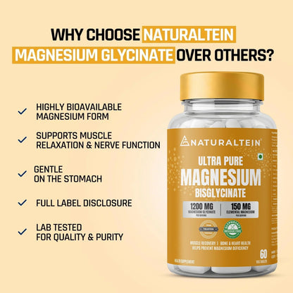 Naturaltein Magnesium Glycinate 1200mg (150mg Elemental) | Chelated High Absorption Magnesium Supports Sleep Quality & Muscle Relaxation | Glyphosate Tested | 60 Tablets
