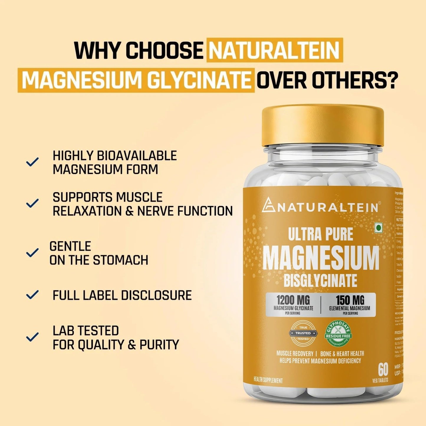 Naturaltein Magnesium Glycinate 1200mg (150mg Elemental) | Chelated High Absorption Magnesium Supports Sleep Quality & Muscle Relaxation | Glyphosate Tested | 60 Tablets